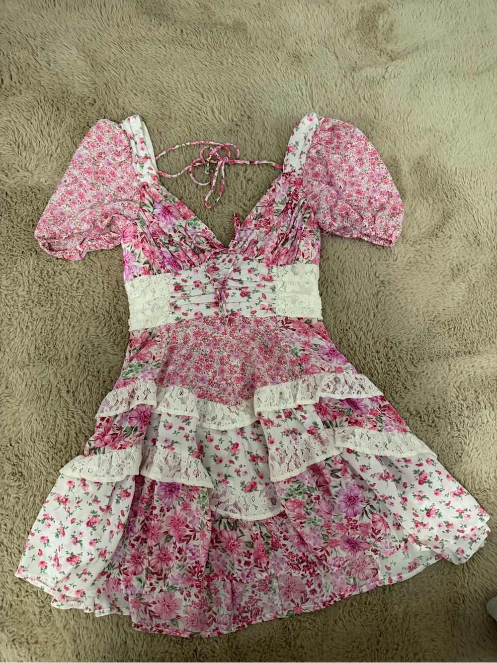 Altered State Pink Floral Lace-Trim Dress